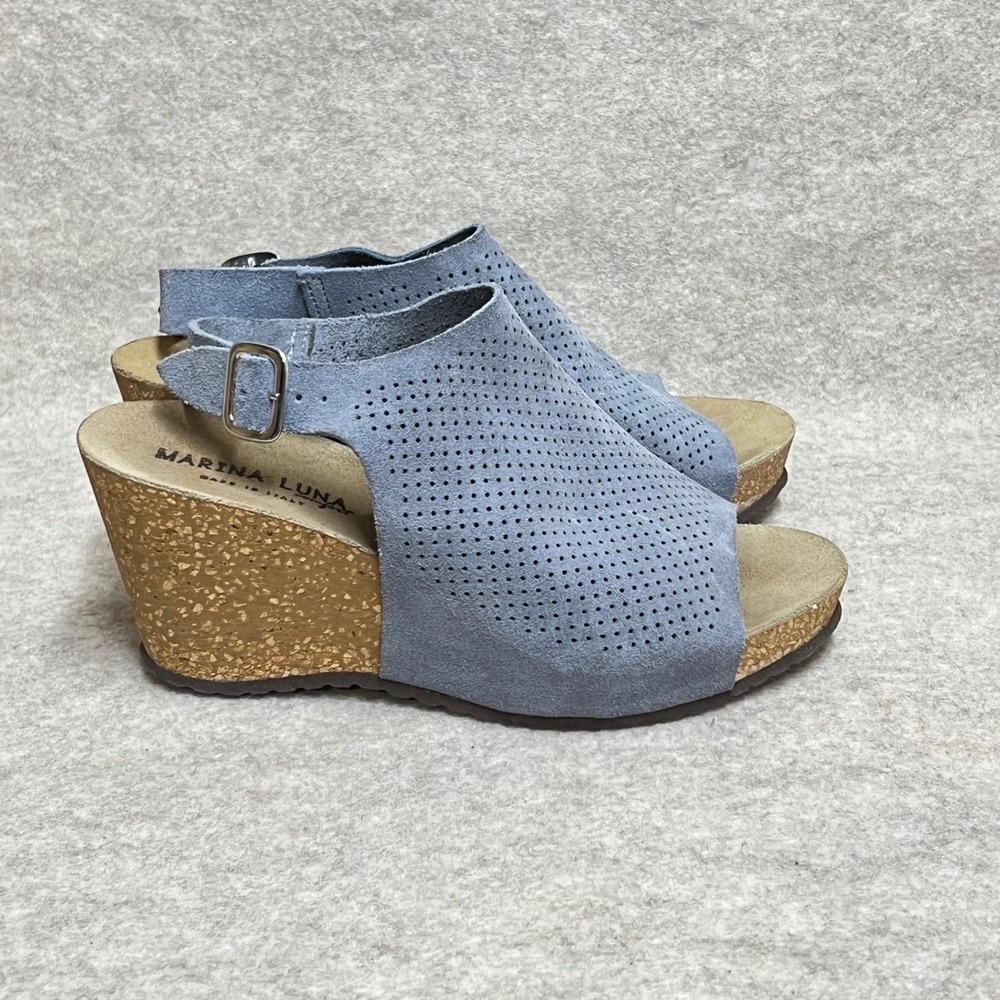 Marina Luna Blue Suede Perforated Wedge Sandals Italy 848-C213 Womens 6.5 37